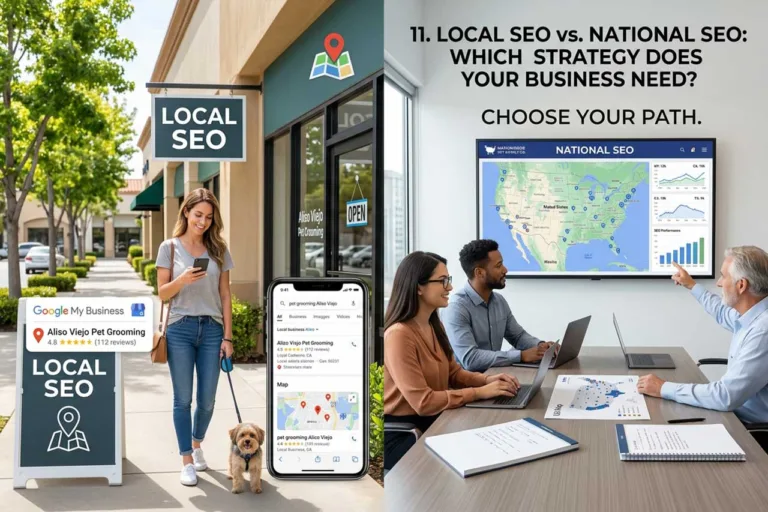 Split image comparing local SEO and national SEO strategies, showing on the left a woman walking her dog outside a local pet grooming shop with a Google My Business listing and local search results on her phone, and on the right a marketing team in a conference room reviewing a national SEO performance dashboard and US map on a large screen