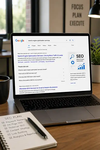 Laptop showing search results and organic performance data for search engine optimization services