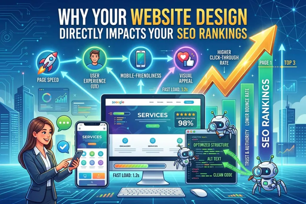 Infographic showing how website design impacts SEO rankings, illustrating a progression from page speed and user experience to mobile-friendliness and visual appeal leading to higher click-through rates, lower bounce rates, and trust and authority, alongside a responsive website with 98% user satisfaction, optimized HTML structure, alt text, and clean code, with search engine crawlers and an upward arrow reaching Page 1 Top 3 SEO rankings
