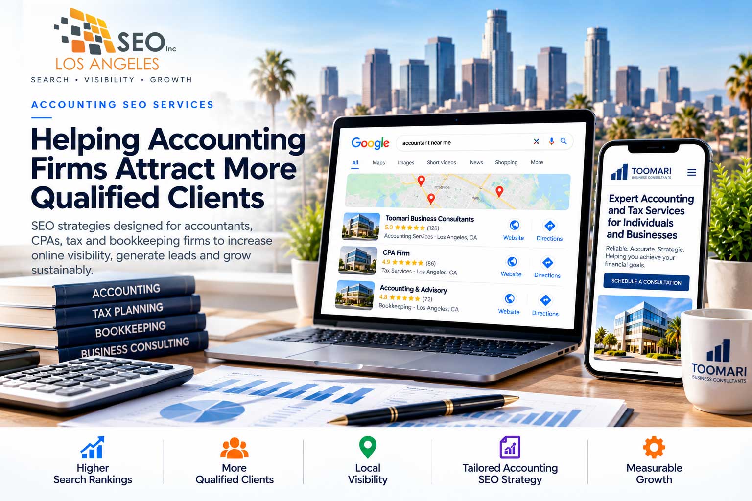 Accounting SEO services for accountants and CPA firms featuring higher search rankings, local visibility and qualified client growth