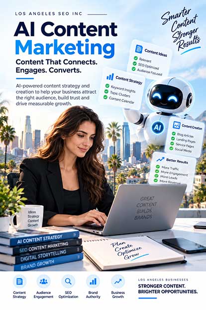 AI content marketing in Los Angeles combining content strategy, creation, SEO optimization, audience engagement and brand growth
