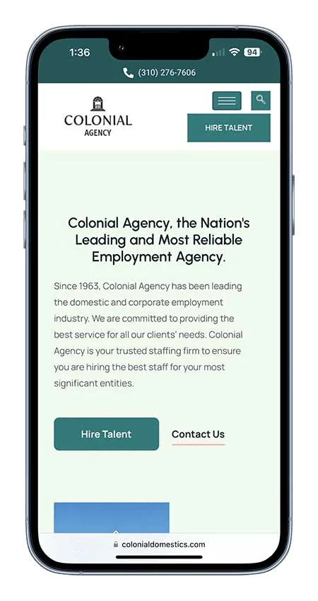 Colonial Agency responsive web design project displayed on a mobile device