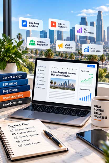 Content marketing services in Los Angeles featuring SEO content strategy, audience engagement and lead generation