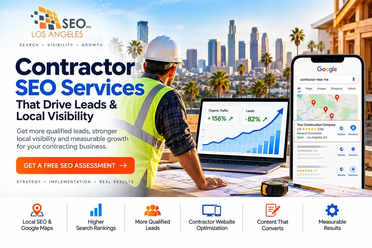 Contractor SEO services featuring local search, Google Maps visibility, website optimization and lead generation for contracting businesses