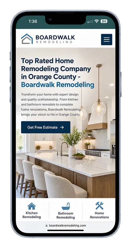 Contractor website displayed on a mobile phone illustrating SEO, mobile usability and conversion optimization for remodeling companies