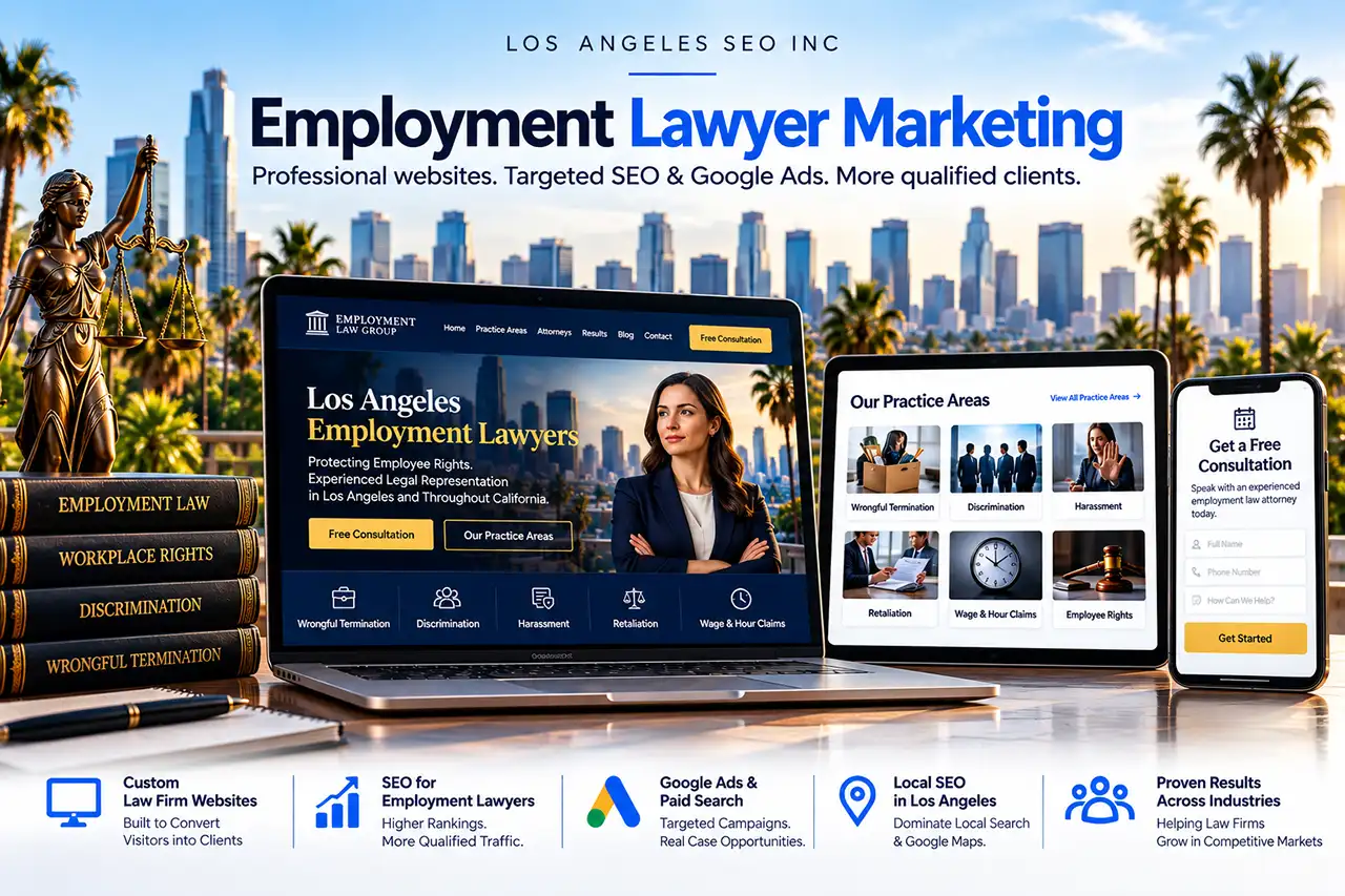 Employment lawyer marketing in Los Angeles featuring law firm websites, SEO, Google Ads, local search and qualified client acquisition