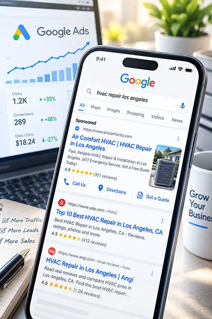 Google Ads management example showing a sponsored Los Angeles search ad with campaign performance reporting