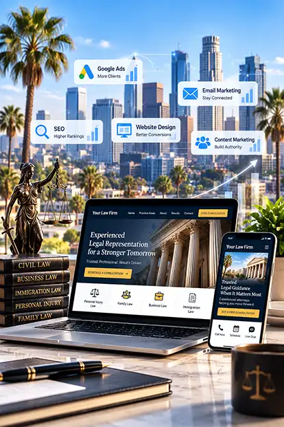 Law firm digital marketing in Los Angeles featuring Google Ads, content marketing, email marketing, website design and search visibility