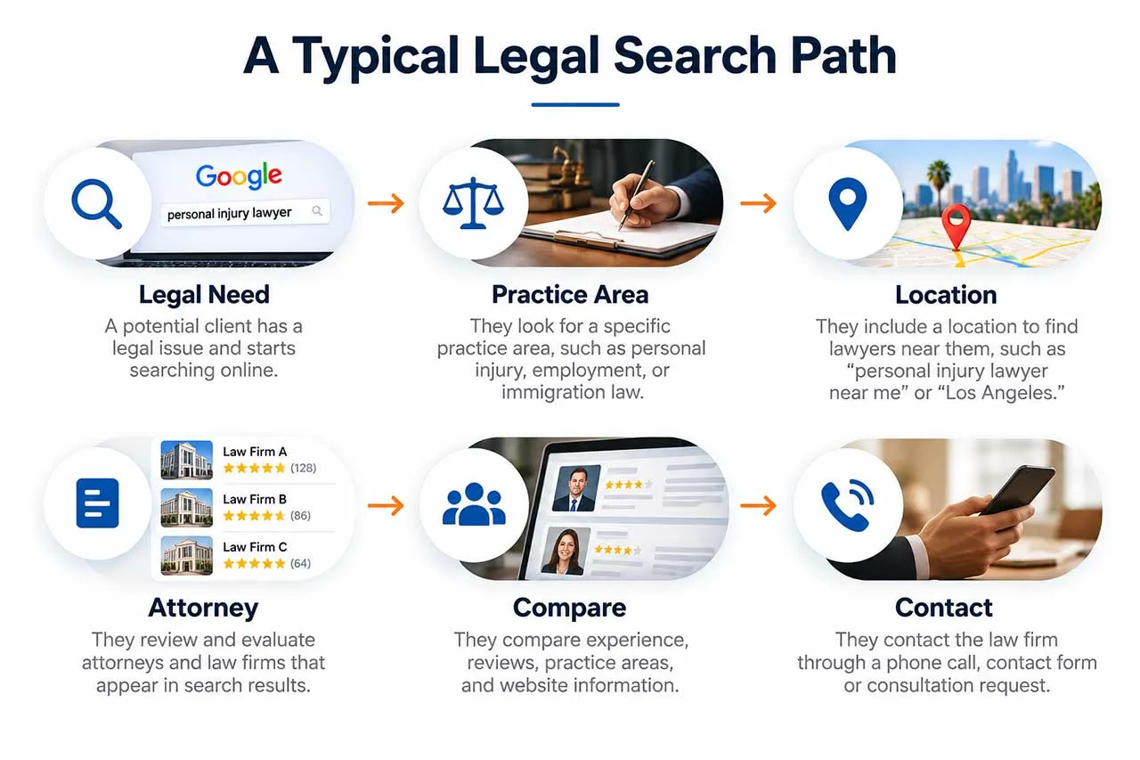 Legal search path showing how prospective clients move from a legal need and practice area to location, attorney comparison and contacting a law firm