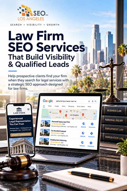 Law firm SEO services for lawyers and attorneys featuring local search visibility, legal practice areas and qualified lead generation