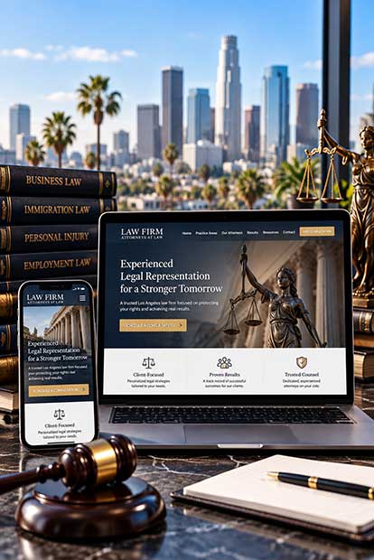 Law firm website design in Los Angeles featuring responsive desktop and mobile website layouts for lawyers and attorneys
