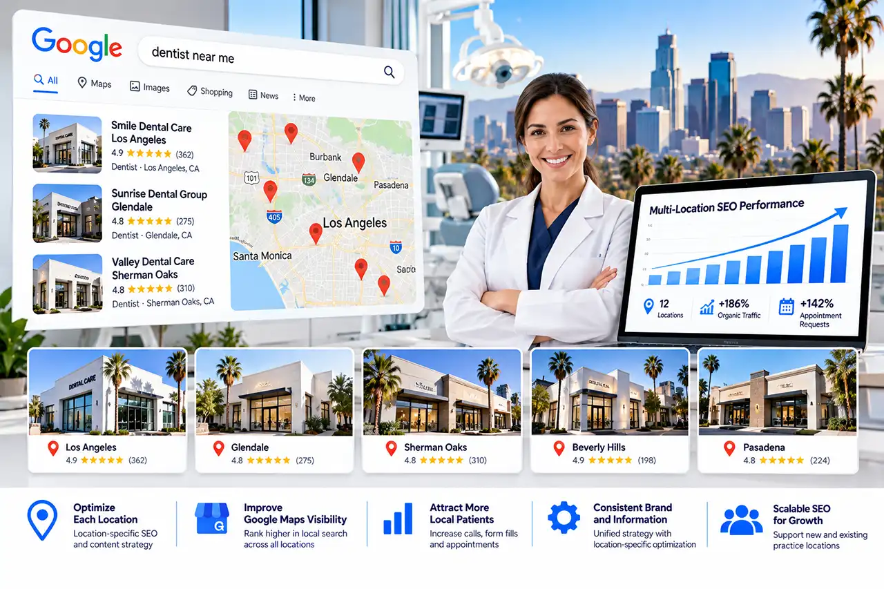 Multi-location dental practice SEO showing Google Maps visibility, individual practice locations and local search optimization