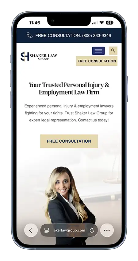 Mobile law firm website design showing responsive navigation and consultation features for a law firm serving multiple office locations