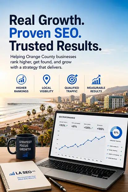 Los Angeles SEO Inc. Orange County SEO company infographic showing proven SEO results for local businesses including higher rankings, local visibility, qualified traffic, and measurable results, with an SEO performance dashboard displaying 153% organic traffic growth, 87% top 3 keywords, 120% new leads, and 185% revenue increase, set against an Orange County coastal skyline backdrop