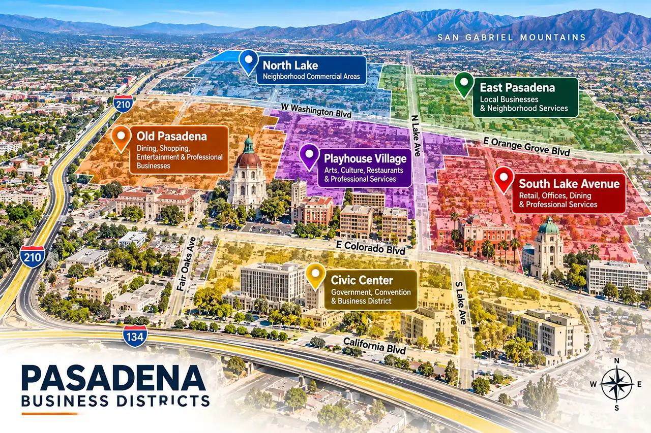 Pasadena business districts map showing Old Pasadena, Playhouse Village, South Lake Avenue, Civic Center, East Pasadena and North Lake