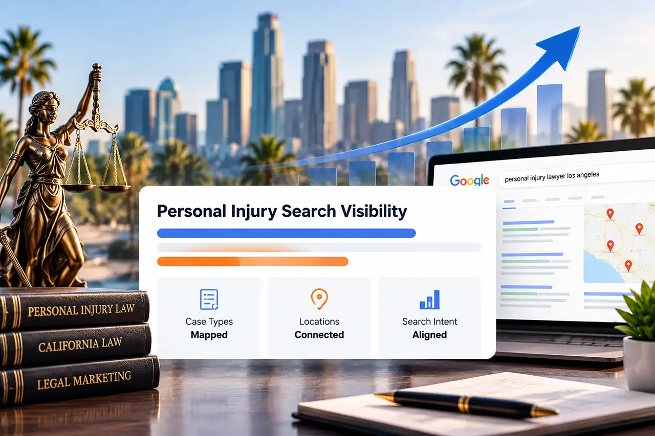 Personal injury law firm SEO showing case type mapping, Los Angeles location targeting and search intent optimization