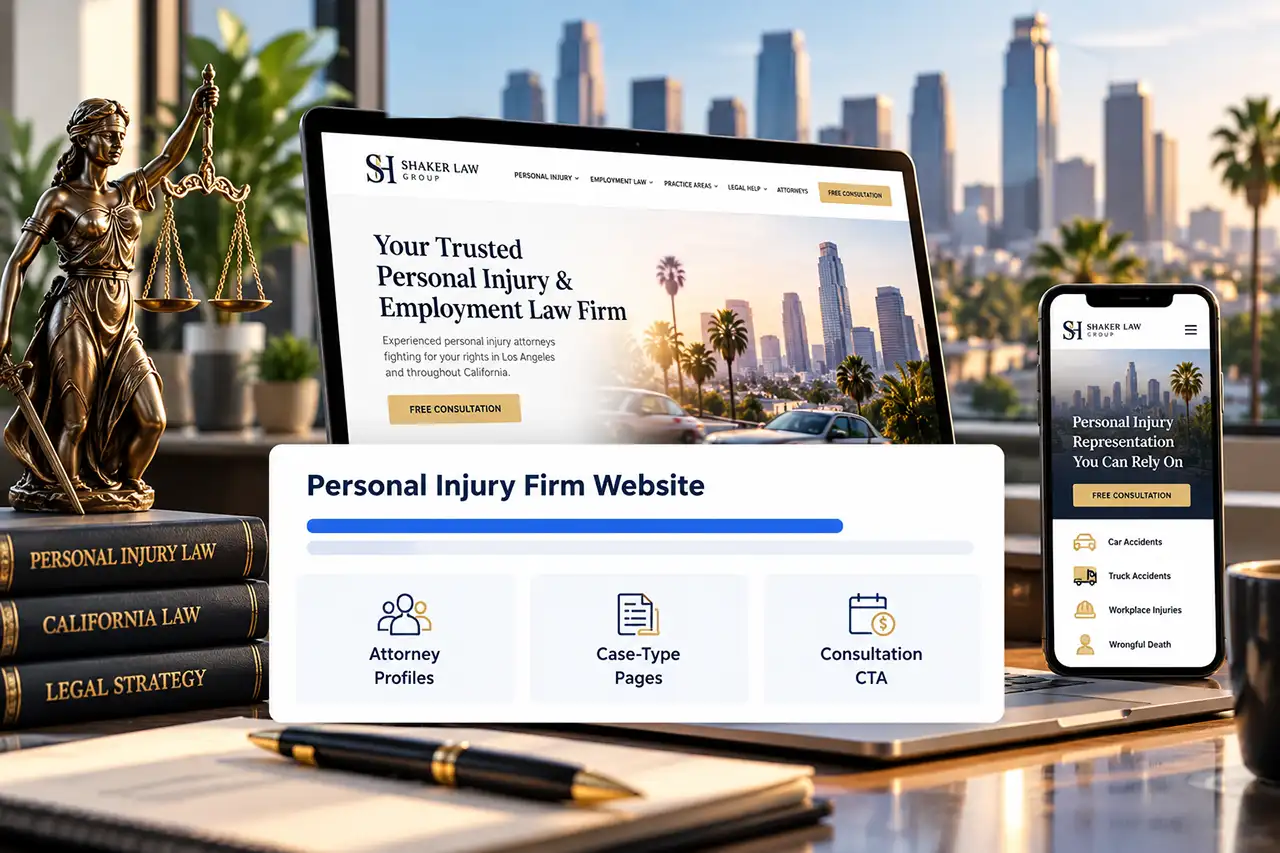 Personal injury law firm website showing attorney profiles, case-type pages, mobile design and consultation options for prospective clients