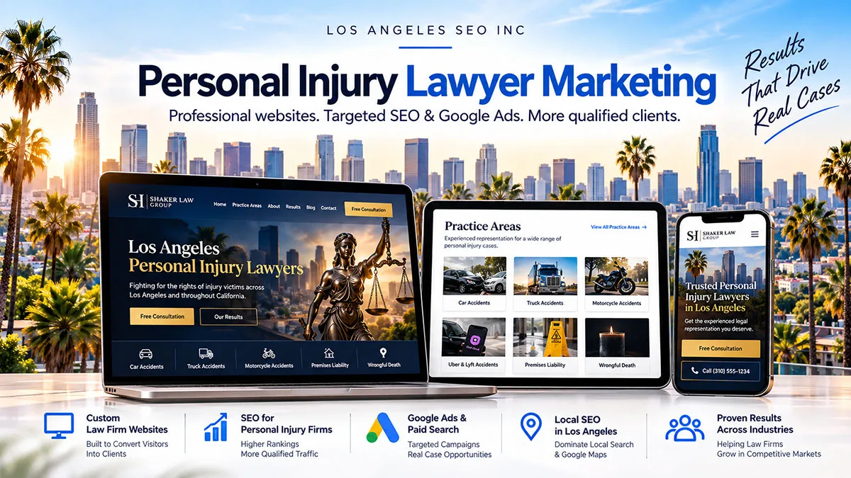 Personal injury lawyer marketing in Los Angeles featuring law firm website design, SEO, Google Ads, local search and Shaker Law Group
