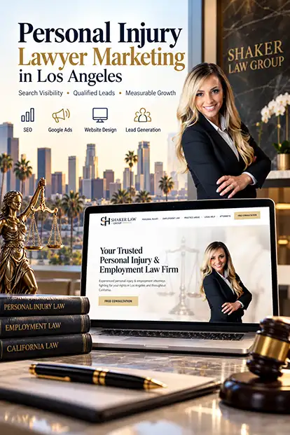 Personal injury lawyer marketing in Los Angeles featuring Shaker Law Group website, SEO, Google Ads, website design and lead generation