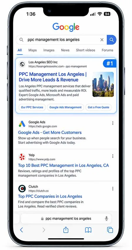 Mobile Google search example showing Los Angeles SEO Inc for PPC management Los Angeles