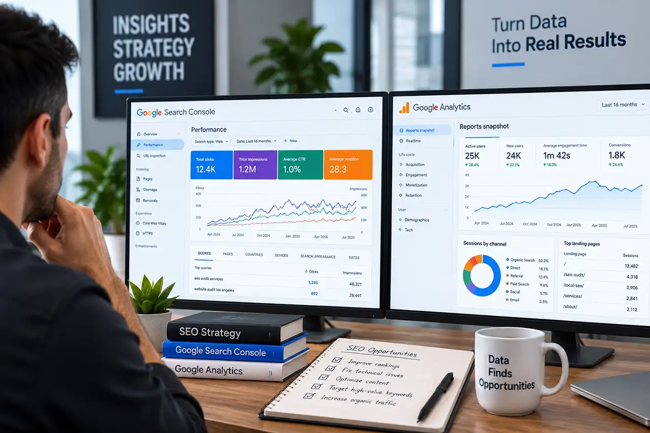 SEO audit analysis using Google Search Console and Google Analytics to identify search performance and organic growth opportunities