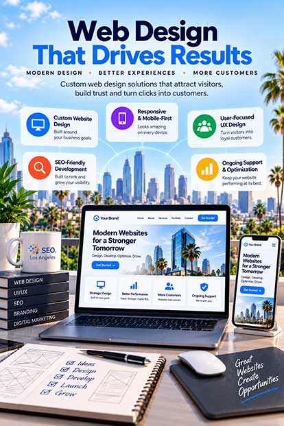 Web design in Los Angeles featuring custom website design, mobile-first UX, SEO-friendly development and conversion-focused optimization