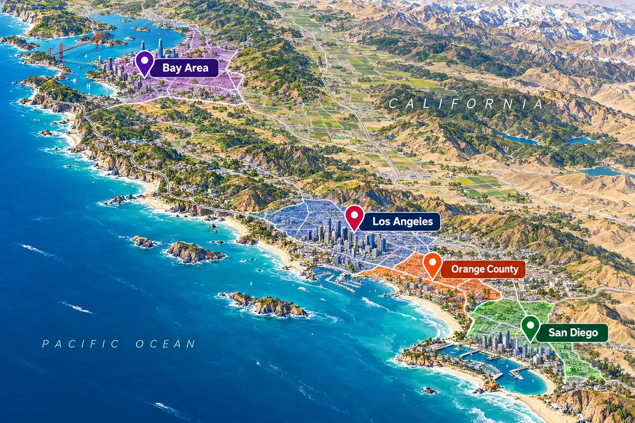 Map of California SEO markets including Los Angeles, Orange County, San Diego and the Bay Area