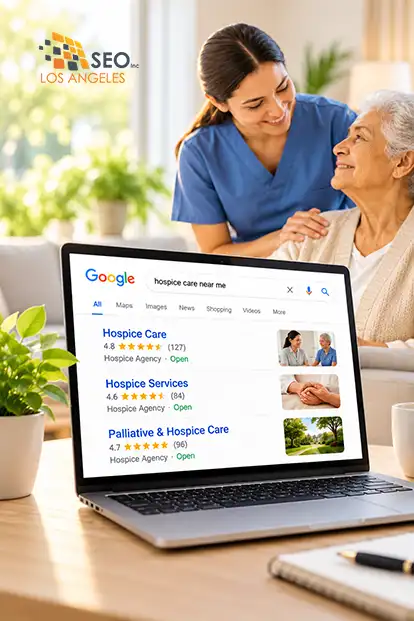 Hospice caregiver assisting an elderly patient with hospice search results displayed on a laptop