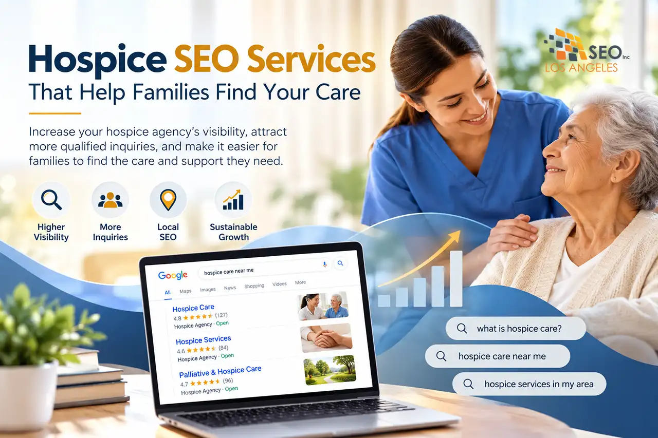 Hospice SEO services illustration featuring a caregiver with an elderly patient, Google search results, local SEO, and website visibility.