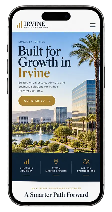 Mobile website design for an Irvine business with a local skyline and lake view