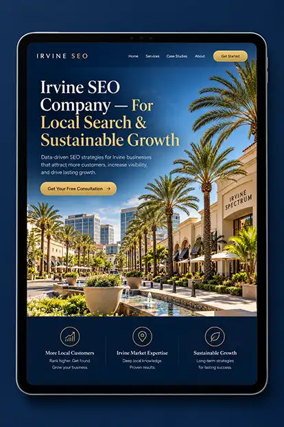 Tablet showing an Irvine SEO company website with the Irvine Spectrum and palm trees in the background