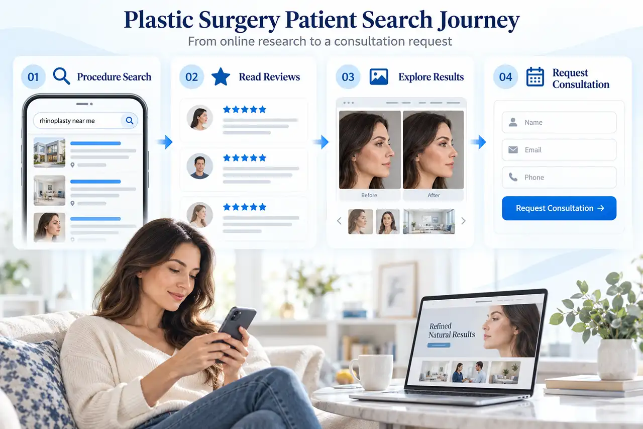 Patient search journey from a procedure search to reviews, before-and-after photos and a consultation request.