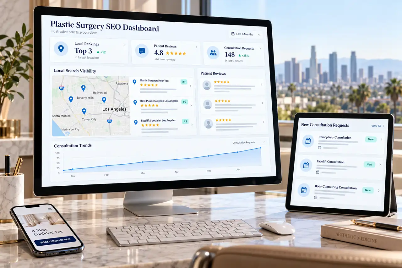 Plastic surgery SEO dashboard showing local rankings, patient reviews and new consultation requests.
