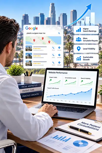 Plastic surgery SEO services showing a cosmetic practice website and Google Maps results in Los Angeles.