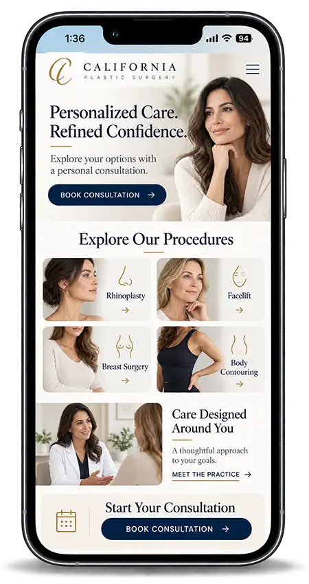 Plastic surgery practice website on a mobile phone with procedure pages and a book-consultation button.