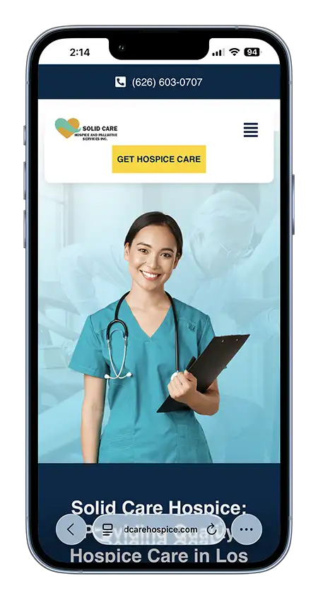 Mobile website design for Solid Care Hospice showing a responsive homepage with a hospice care professional and Get Hospice Care button.