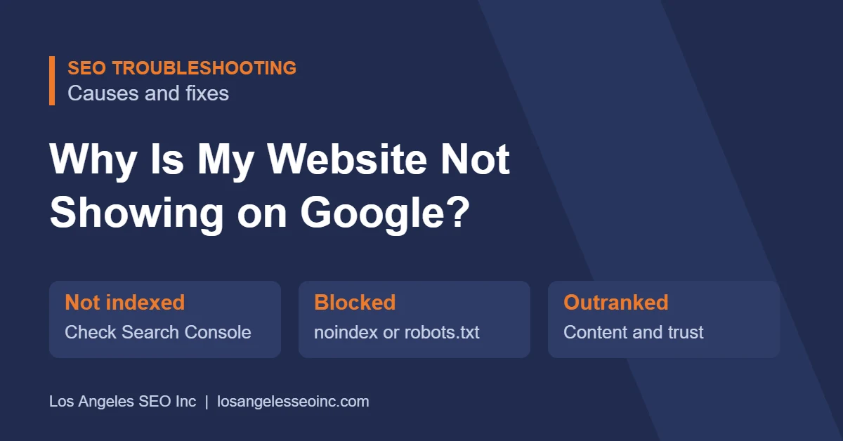 Why is my website not showing on Google: common causes such as not indexed, blocked pages and stronger competitors.